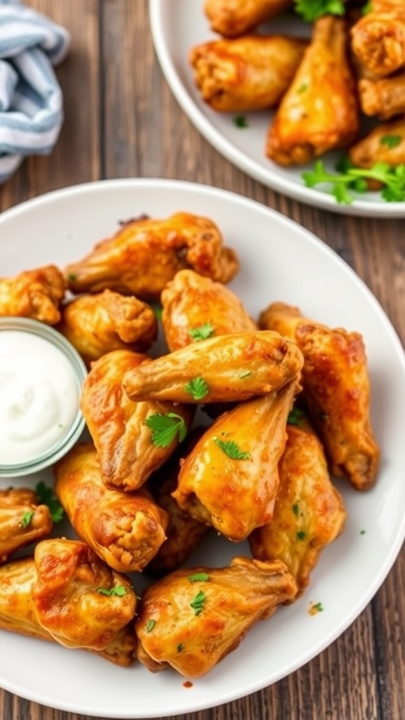 Crispy chicken wings on a plate with ranch dressing, garnished with parsley, on a rustic table.
